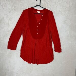 Anthropologie Red Mixed Media Henley Tunic Top Womens M Boho Relaxed Casual Chic